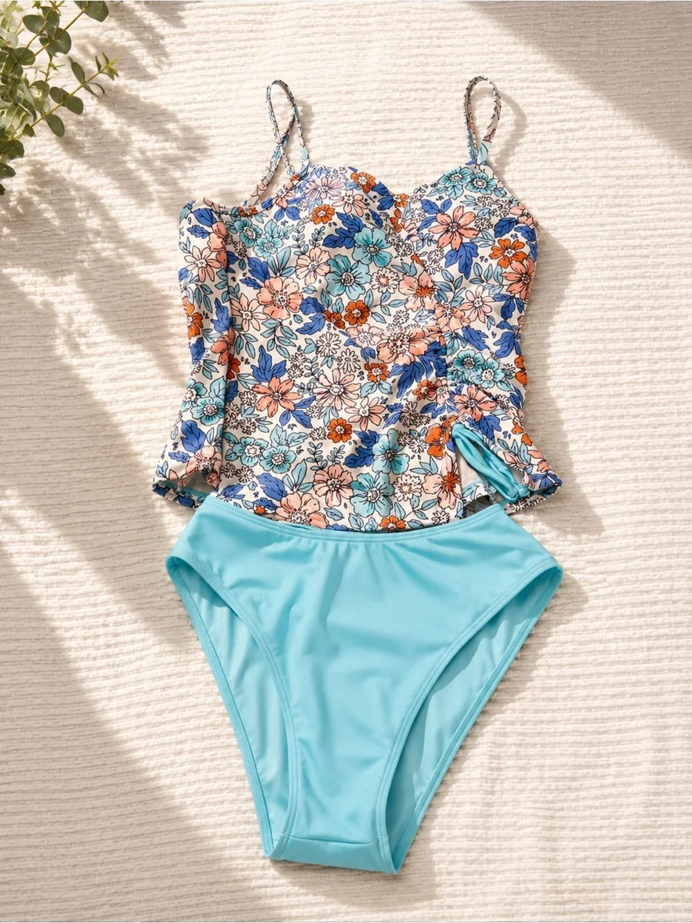 Kids Floral Tankini Swim Set in Light Blue - Unbranded